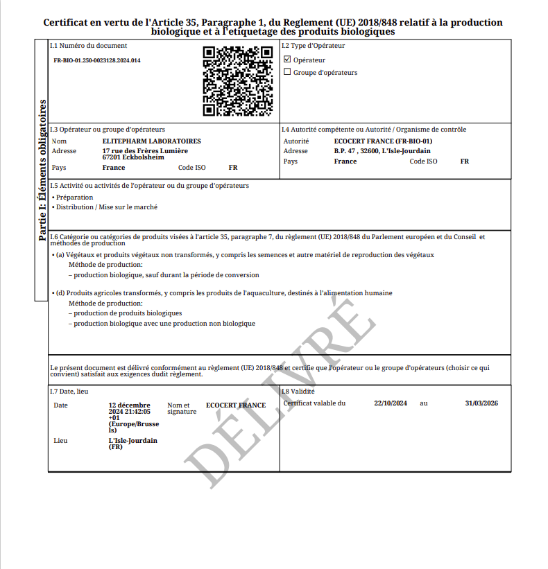 Certyfikat ELITEPHARM ECOCERT: