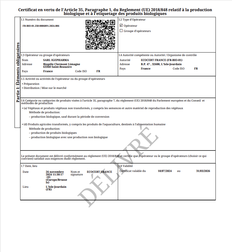 Certyfikat IGEPHARMA ECOCERT: