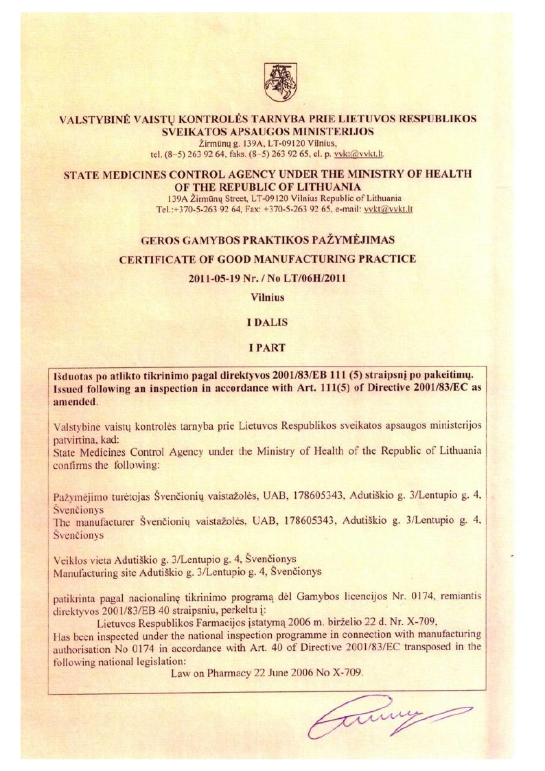Certyfikat GMP „Švenčionių vaistažolės” strona_1: