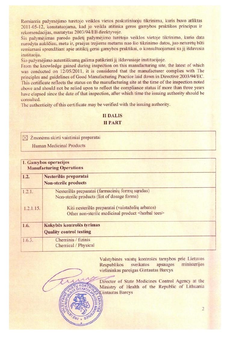 Сертифікат GMP «Švenčionių vaistažolės» page_2: