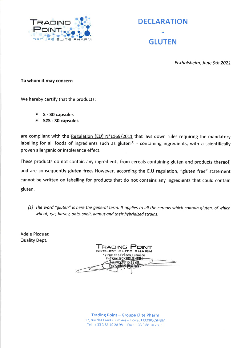 Certyfikat o braku glutenu w „S2S” i „S”: