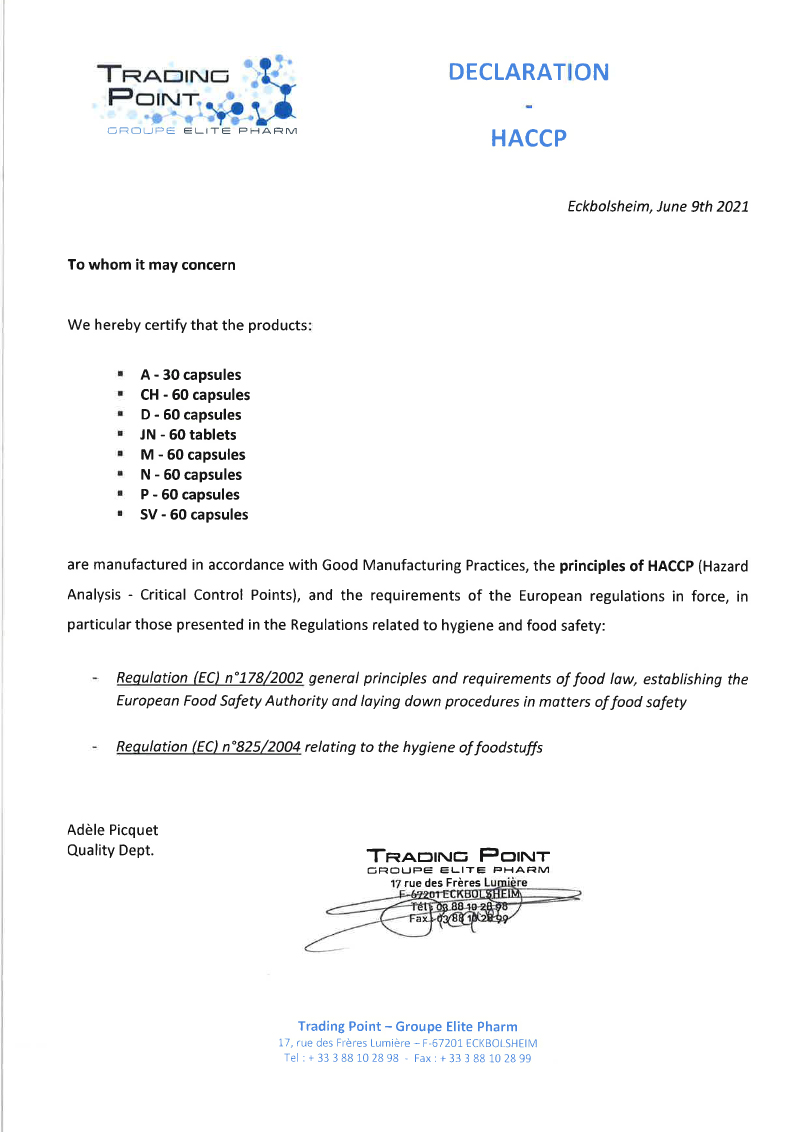 Certyfikat zgodności Classic Hit z normami GMP i HACCP: