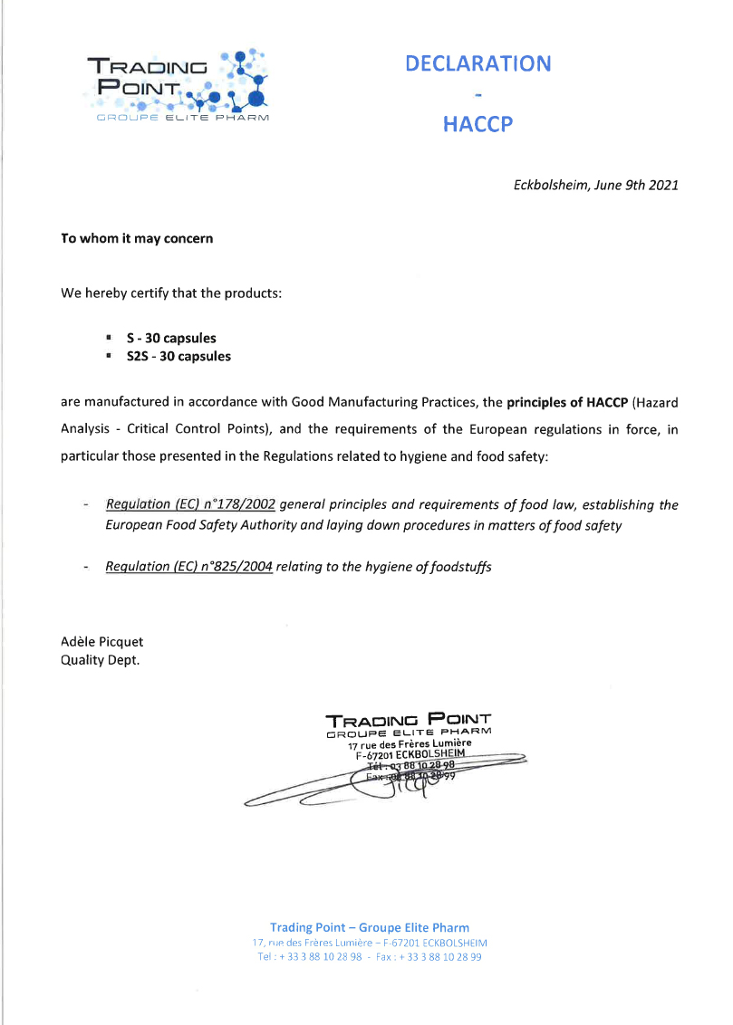 Certyfikat zgodności „S” i „S2S” z normami GMP i HACCP: